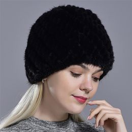 winter womens mink fur hats natural real knitted cap fashionable fluffy ladies genuine beanie female black caps 220817