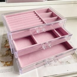 Velvet Three-Layer Jewellery Storage Box Acrylic Organizers Earring Rings Necklace Large Space Jewellery Case Holder Women 220812