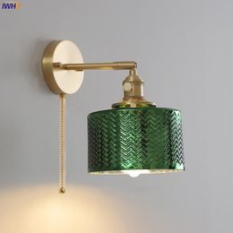 Wall Lamp Green Glass LED Light Fixtures Pull Chain Switch Copper Wandlamp Bedroom Bathroom Mirror Nordic Modern LampWall