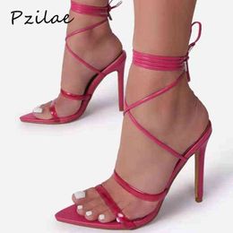 Sandals Pzilae New Fresh Orange Lace Up Sexy for Women Summer High Heels Shoes Pointed Toe Party Dress Pumps Big Size 41 42 220704