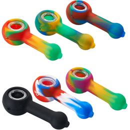 Mini Silicone Smoking Hand Pipes 4.3Inch With Glass Bowl Accessories Food Grade Silica Gel For Tobacco Dry Herb Oil Burner Spoon Pipe Water Pipes Bongs