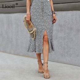Liooil Ruffle Maxi Slit Skirt For Women Ladies With Button Casual Floral Print Skirt Elegant Summer Vacation Long Skirts 220521