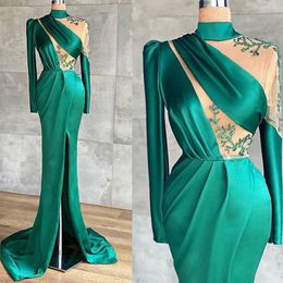 long sleeve green evening dresses 2021 high neck lace applique satin mermaid elegant formal evening gown 2022 vestido de longo