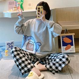 QWEEK Shark Print Plaid Pant Pyjamas Women Autumn Cute Sleepwear Black Pijama Kawaii Long Sleeve Pyjama Loungewear Home Suit Pjs 220321