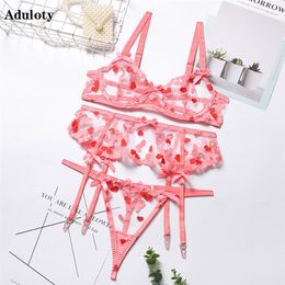 Aduloty Women's Erotic Underwear Thin Heart-Shaped Polka Dot Transparent Temptation Sexy Lingerie Underwire Bra Garter Belt Set 220513