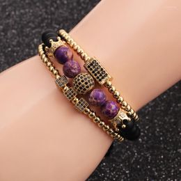 Link Chain High Quality Golden CZ Ball & Crown Men's Bracelets 8mm Black Lucky Stone Beads Bracelet For Women Men Trum22