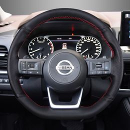 For Nissan X-Trail 2021-22 DIY Hand Sewn Steering Wheel Cover Leather Carbon Fibre Handle Cover