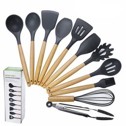 11-piece Set of Silicone Wooden Handle Kitchen Utensils Non-stick Shovel Spoon Tool Set Soup Fishing Spoon Cooking Kitchen T200415