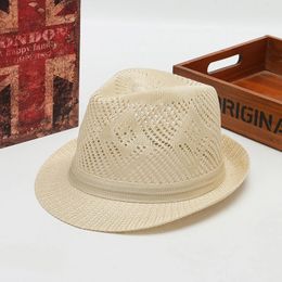 Men's Simple Linen Hollow Breathable Refreshing Sun Hat Men Summer Travel Farming Sunscreen Sun Ribbon Straw Jazz Topper Hat