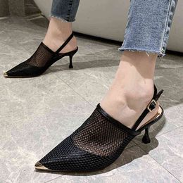 Sandals Black Breathable Mesh Pumps Women 2022 Summer Be Toe High Heels Shoes Woman Slingbacks Thin Mujer 220419