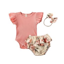 Vestiti estivi per neonati Neonata Tuta a costine arruffata Ragazze Pantaloncini floreali Fascia nata 3 pezzi Set 220602