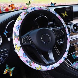 Steering Wheel Covers Colour Butterfly Car Sterring Cover Kawaii Butterly Flower Printed Elastic Auto Case For 37-38cm Car-StylingSteering