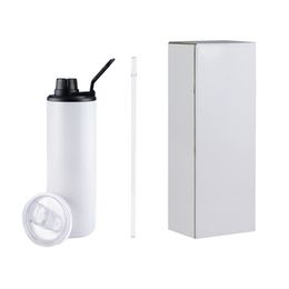 Two Lids! Blank Sublimation Tumbler 20oz STRAIGHT Sublimation Flask with Twist Lid Straight Cups Stainless Steel Beer Coffee Mugs with straws