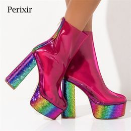 Perixir Platform Boots Women Chunky High Heels Ladies Nightclub Shoes Thick Heel Snake Print PVC Rainbow Boots Shoes Woman 201102