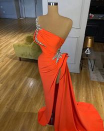 Orange Evening Dress Long Formal 2022 One Shoulder Beaded with High Slit Arabic Dubai Women Prom Dresses Evening Gowns 0316269P