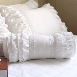 White embroidered cushion decorative bedding pillow European candy cushion princess ruffle lace lumbar pillow sofa hand rests 220406