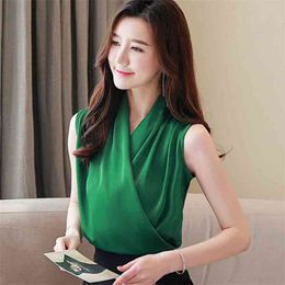 Korean Silk Blouse Women Summer Woman Sleeveless Satin Blouses Shirt Woman Vneck OL Silk Blouses Tops Plus Size Camisas Mujer 210401