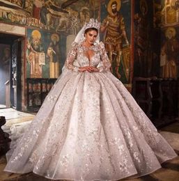 2022 Abiti da sposa di lusso Abito da ballo Puffy Manica lunga Tulle Pizzo Perline di cristallo Fiori Abito da sposa formale Formato personalizzato C0411