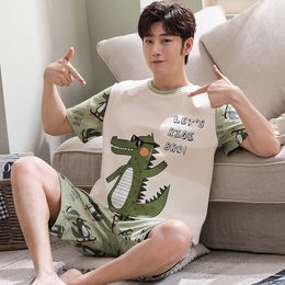 Men Pyjamas Set Summer Short sleeves O neck Sleepwear Funny Dinosaur Cartoon Print Knit Cotton Plus Size Nightwear 220611