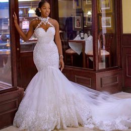 2023 Meerjungfrau Hochzeitskleid moderne Plus -Größe Arabisch ASO EBI Spitzenperlen hohe schiere Nacken Langarmes Vintage sexy Brautkleider Kleider