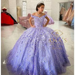 Lilac Lavender 3D Floral Quinceanera Dresses with cape Crystal Floral Lace-up corset Off Shoulder prom Party Sweet 16 Dress
