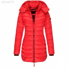 Winter New Korean Slim Long Down Cotton Coat Women Red Fashion Hooded Parkas Office Lady Yellow Black Chic Zipper Jacket L220730