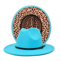 Berets Outer Solid Color Inner Leopard Wool Felt Jazz Fedora Hats With Thin Belt Buckle Men Women Wide Brim Panama CapBerets BeretsBerets
