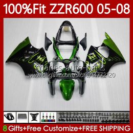 100% Fit Fairings For KAWASAKI NINJA 600CC ZZR-600 600 CC 2005-2008 Bodywork 134No.64 Green flames ZZR600 05 06 07 08 ZZR 600 2005 2006 2007 2008 Injection Mould Body Kit