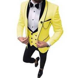 Brand New Yellow Groom Tuxedos Shawl Lapel Slim Fit Groomsmen Wedding Dress Excellent Man Jacket Blazer 3 Piece Suit Jacket Pants Vest Tie 1291