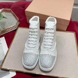 Miui High-quality Casual Shoes Classic Rhinestone Flat Bottom Transparent Printed Rubber Sole High-top Rain Boots Brand Lace Crystal