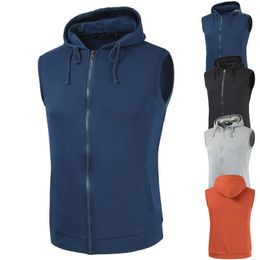 Solid Vest Men Fashion Sleeveless Hoodies Cardigans Jacket Winter Autumn Causal Zipper Pockets Waistcoat Stra22