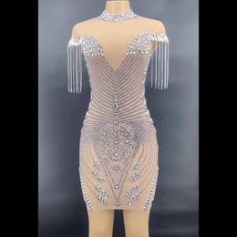 Stage Wear Sparkly Rhinestones Chain Crystals Bodycon Short Dress Women Birthday Celebrate Prom Party Evening Outfit Luxurious WearStage