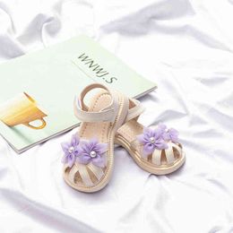 Soft Versatile 2022 Beautiful Covered Toes Children's Fashion Sandals for Girls Summer New Flat Hook & Loop Kids Cute Flowers PU G220523