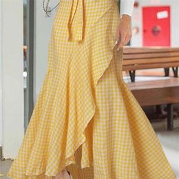 Maxi Skirts Women Summer Celmia Fashion High Waist Wrap Long Skirt Asymmetrical Vintage Plaid Ruffled Mermaid Bottom Femme 220701