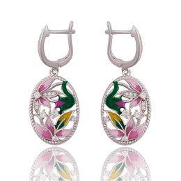 Dangle & Chandelier Trendy Vintage Multi-color Lotus Flower Enamel Silver Earrings For Women Bohemia Temperament Pendant Hanging EarringsDan