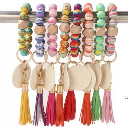 Bead Wood Bracelet Jewelry Leopard Grain Tassel Colorful Hand Beaded Bracelets Bangle Rainbow Fringe Wrist Key Ring Keychains