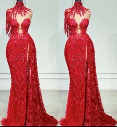 2022 Plus Size Arabic Aso Ebi Stylish Mermaid Red Prom Dresses High Neck Vintage Evening Formal Party Second Reception Birthday Engagement Gowns Dress Z222