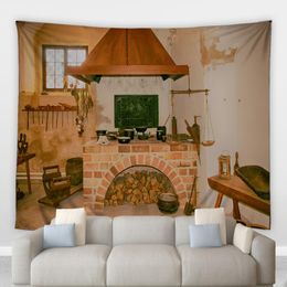 Tapestries Retro Vintage Fireplace Hippie Big Tapestry Winter Indoor Scene Pattern Living And Dinning Room Patio Decor Wall Hanging BlanketT