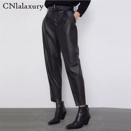 women black faux leather suit pants Female high waist With Belt pockets Elegant office ladies pu trousers 220325