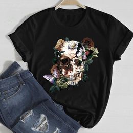 Women T Shirt Skull Flower Short Sleeve Printing Spring Fashion Kawaii Clothes Female Tee Lady Graphic T-shirt