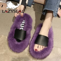 LazySeal Natural Fur Slipper Shoes Indoor Furry Slippers Warm Home Slides Ladies Flip Flops Flatsoled Plush Shoes Y200107