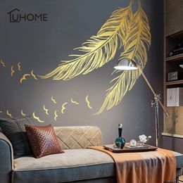 Large Left Right Flying Gold Feather Art Wall Sticker for Home Decor DIY Personality Mural Kid Room Bedroom Decoration 138x172cm Y200103