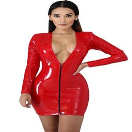 Casual Dresses Women Shiny Patent Leather Mini Dress Sexy Long Sleeve Bodycon Ladies Red Deep V Neck Slim PU Clubwear