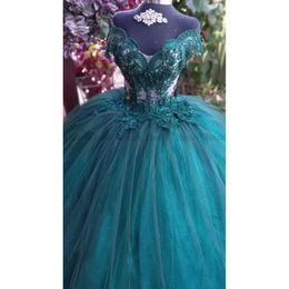 Green Quinceanera Dresses Appliques Lace Off Shoulder Sweet 16 Mexican Girls Puffy Tulle vestidos de XV anos