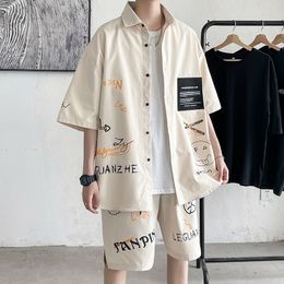 Summer Shorts Sets Men Casual Letter Graffiti Print Short Sleeve Clothes Patchwork Large Size Shirt Suits Man Black Beige 220602