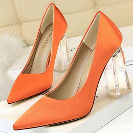 2022 Women Yellow Orange Blue 10cm High Heels Scarpins Block Clear Heels Pumps Lady Wedding Bridal Transparent Chunky Prom Shoes G220516