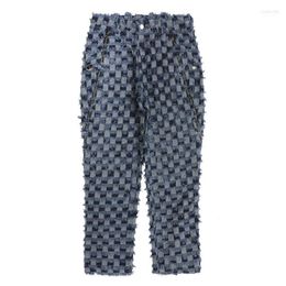 Men's Jeans Autumn And Winter Clothing Personality Trim Edge Plaid Hit Color Burnt-out Loose Casual PantsMen's Heat22