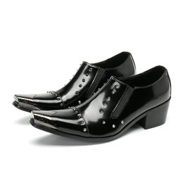 Christia Bella Handmade Men Fashion Rivet High Heel Shoes Metal Toe Male Black Genuine Leather Shoes Mens Party Dress Shoes