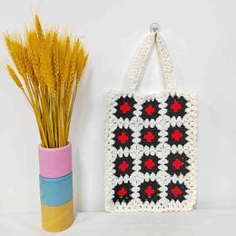 Bohemian Crochet Granny Square Tote Bag Casual Knitted Women Handbags Handmade Woven Summer Beach Big Shopper Purses 2022 220705