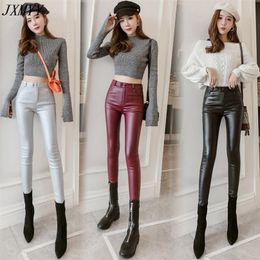 autumn and winter coated leather leggings women's outer wear thin and velvet tight pressure leather pants boots pants 210412